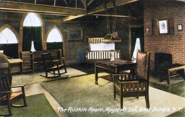 Featured is a postcard image of The Ruskin Room (named after John Ruskin, one of the leaders of the Arts & Crafts Movement) at East Aurora, New York's Roycroft Inn (of Elbert Hubbard fame) ... just "littered" with all that wonderful Mission furniture!  The original unused postcard is for sale in The unltd.com Store. 